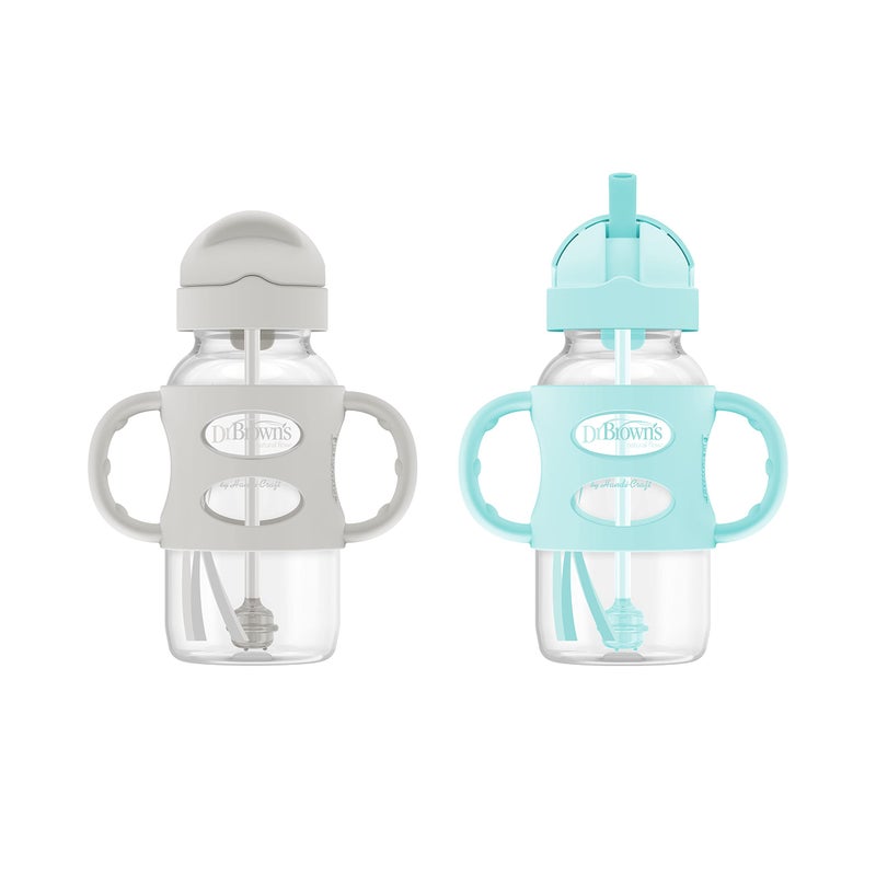 BUMKiNs Dr. Brown’s® Milestones™ Wide-Neck Sippy Straw Bottle with 100% Silicone Handles, 9oz/270mL, Gray & Green, 2 Pack, 6m+ - Image 1