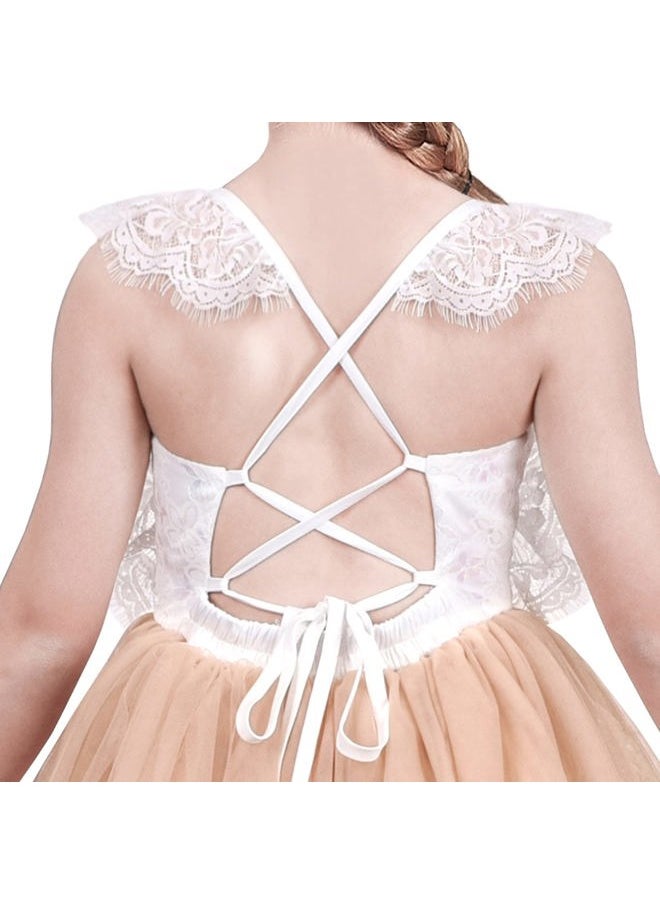 Sunny Fashion - Girls Dress Beige Lace Tulle Hollow Back Wedding Party Birthday Size 5 - Image 1