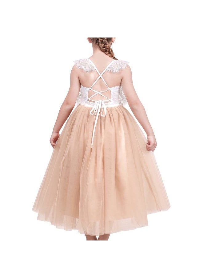 Sunny Fashion - Girls Dress Beige Lace Tulle Hollow Back Wedding Party Birthday Size 5 - Image 1