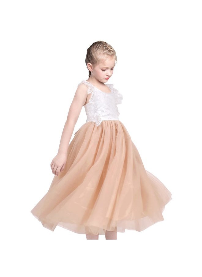 Sunny Fashion - Girls Dress Beige Lace Tulle Hollow Back Wedding Party Birthday Size 5 - Image 1