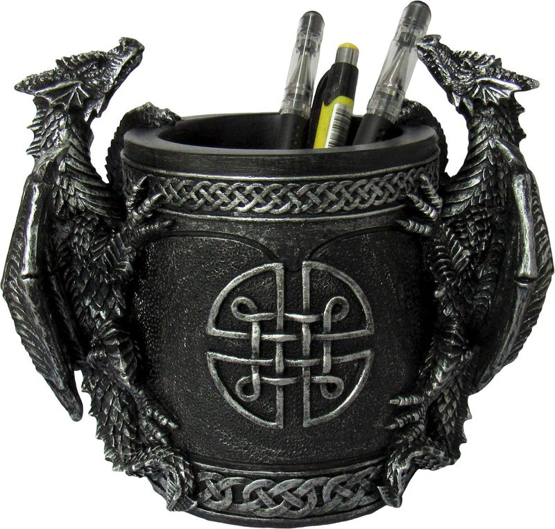 DWK - Literary Beasts - Twin Double Dragon Celtic Gothic Pen Pencil Desk Organizer Makeup Brush Holder Art Supply Caddy Home Office Accent Storage Accessory, Antique Silver Pewter, 6.5-inch - Image 2