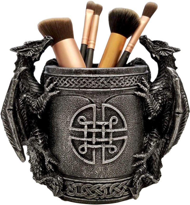 DWK - Literary Beasts - Twin Double Dragon Celtic Gothic Pen Pencil Desk Organizer Makeup Brush Holder Art Supply Caddy Home Office Accent Storage Accessory, Antique Silver Pewter, 6.5-inch - Image 1