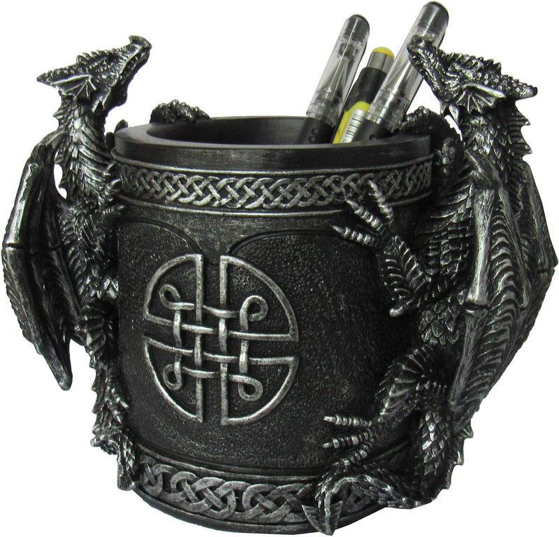 DWK - Literary Beasts - Twin Double Dragon Celtic Gothic Pen Pencil Desk Organizer Makeup Brush Holder Art Supply Caddy Home Office Accent Storage Accessory, Antique Silver Pewter, 6.5-inch - Image 4