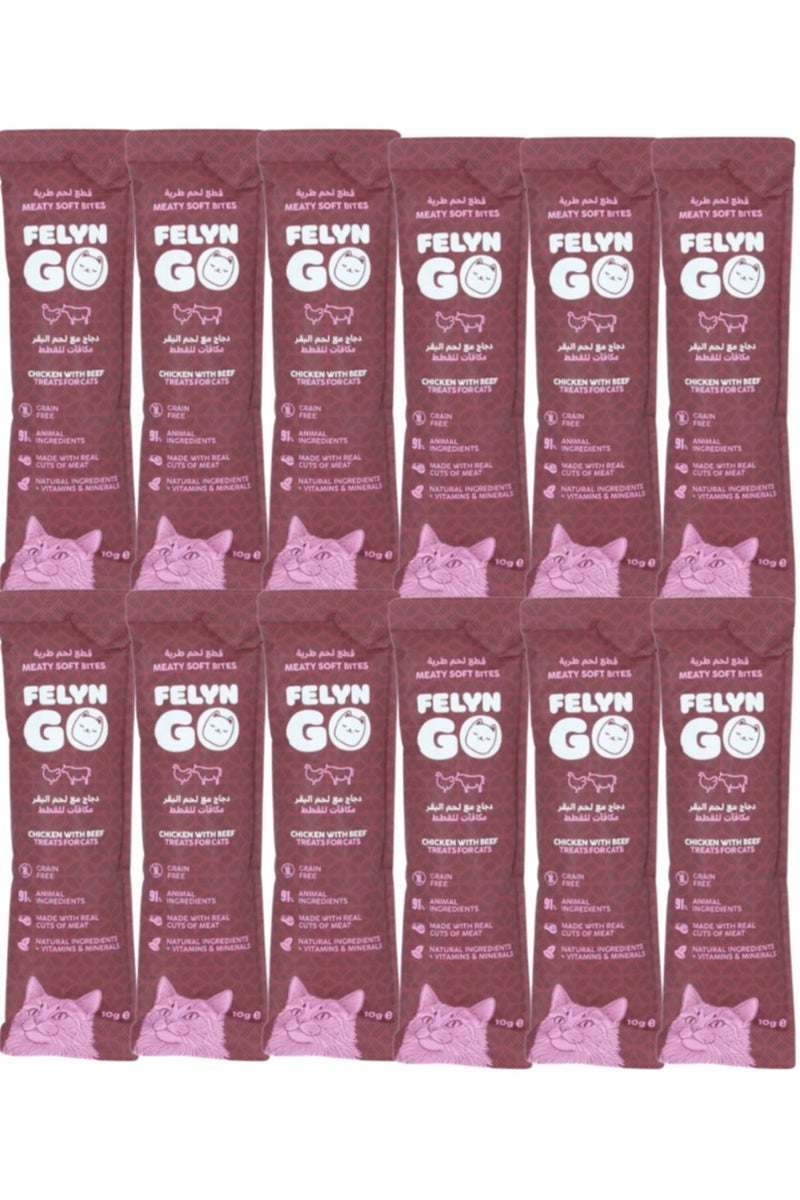 Felyn GO Cat Meaty Soft Bites Chicken with Beef 12 x 10g Grain-Free Formula- Protein Rich Cat Treats - Image 1
