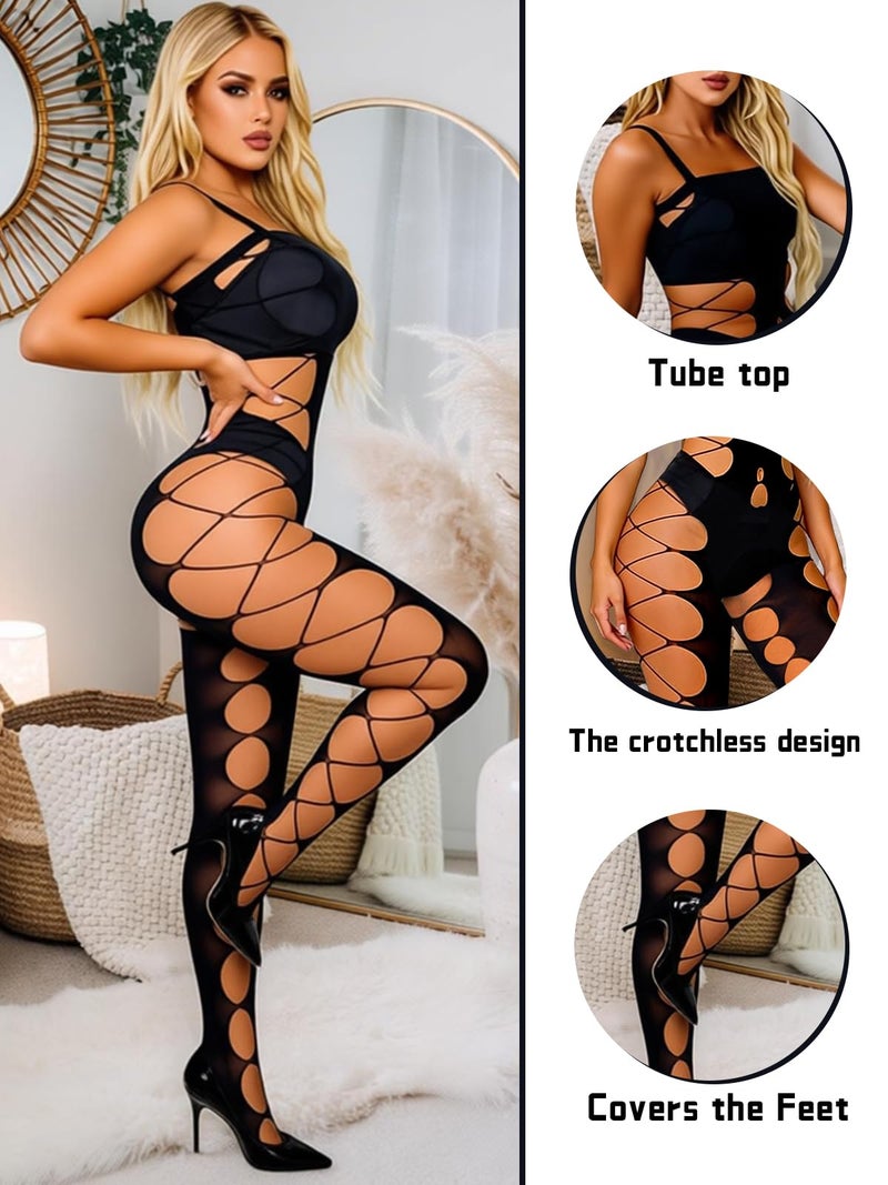 Buitifo Womens Fishnet Bodystocking Plus Size Crotchless Bodysuit Sexy Tights Soft Nightwear Lingerie (Black S2,M) - Image 2