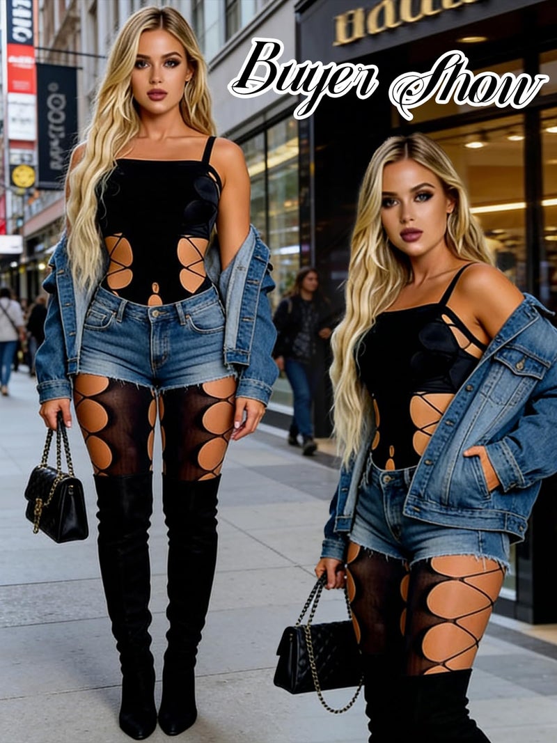 Buitifo Womens Fishnet Bodystocking Plus Size Crotchless Bodysuit Sexy Tights Soft Nightwear Lingerie (Black S2,M) - Image 5