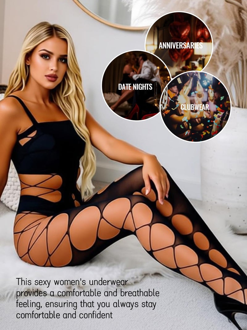 Buitifo Womens Fishnet Bodystocking Plus Size Crotchless Bodysuit Sexy Tights Soft Nightwear Lingerie (Black S2,M) - Image 4