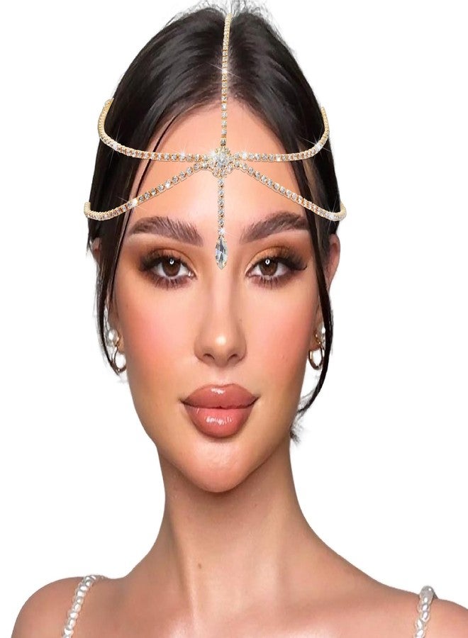 VENOFEN Gold Rhinestone Head Chain Layered Boho Headpiece Glitter Crystal Pendant Forehead Jewelry for Women Wedding Bridal Prom Goddess Headband Accessories - Image 1
