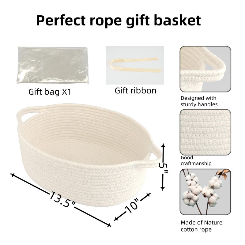JUNBOLE Baby Gifts Basket Empty with Gifts Bag and Ribbon13â€x10â€x5â€ Cute Baskets to Fill Easter Basket Small Woven Cotton Rope Basket Baby Toy Baske(white, large) - Image 2