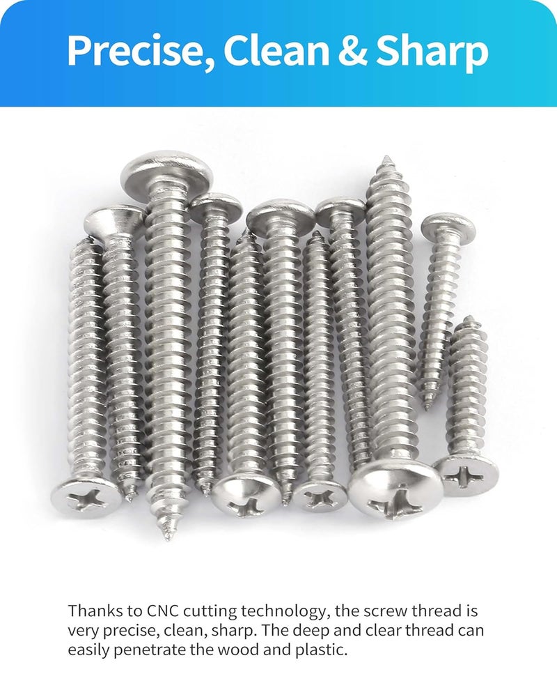 DIVANC 560Pcs 304 Stainless Steel Self Tapping Screws Assortment Set, M3/M4/M5/M6 Flat Head & Round Head Self Tapping Screws Assortment Set, Phillips Drive Wood Screw Assortment Kit (Silver) - Image 4