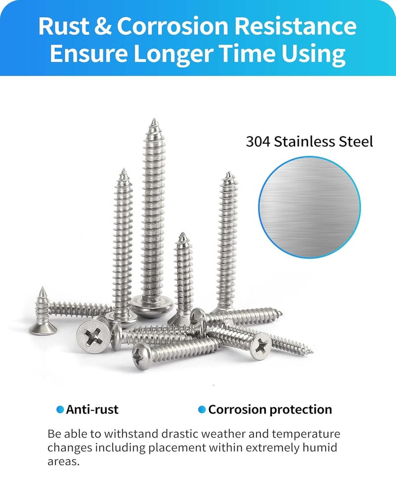 DIVANC 560Pcs 304 Stainless Steel Self Tapping Screws Assortment Set, M3/M4/M5/M6 Flat Head & Round Head Self Tapping Screws Assortment Set, Phillips Drive Wood Screw Assortment Kit (Silver) - Image 5