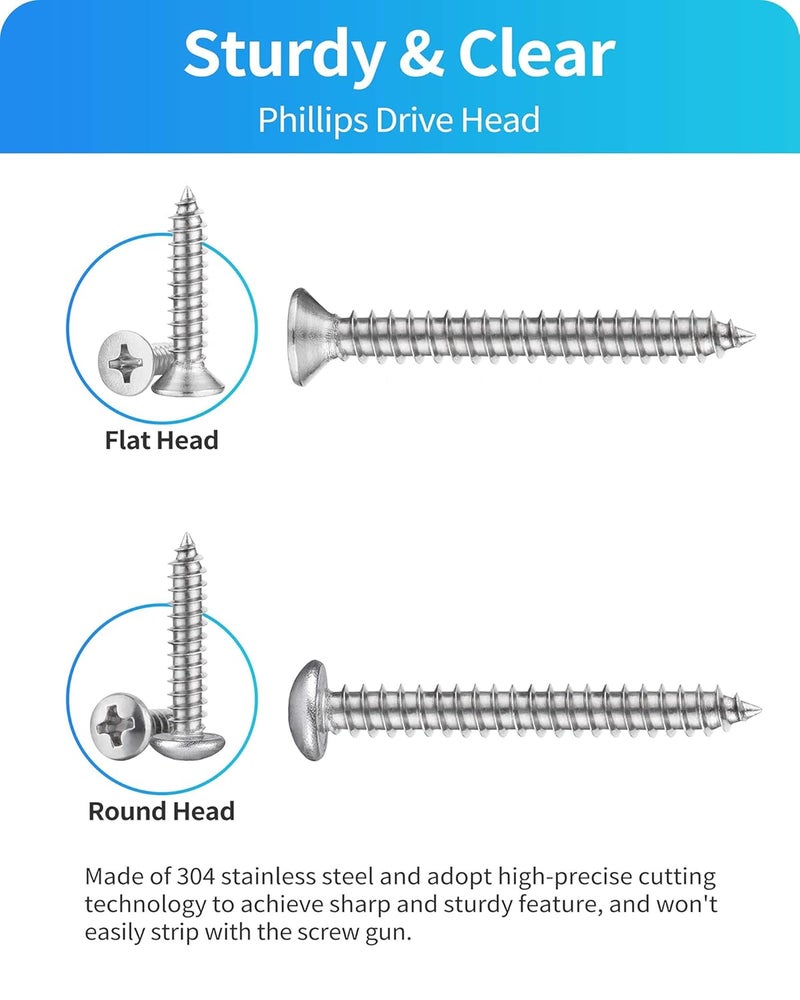 DIVANC 560Pcs 304 Stainless Steel Self Tapping Screws Assortment Set, M3/M4/M5/M6 Flat Head & Round Head Self Tapping Screws Assortment Set, Phillips Drive Wood Screw Assortment Kit (Silver) - Image 3