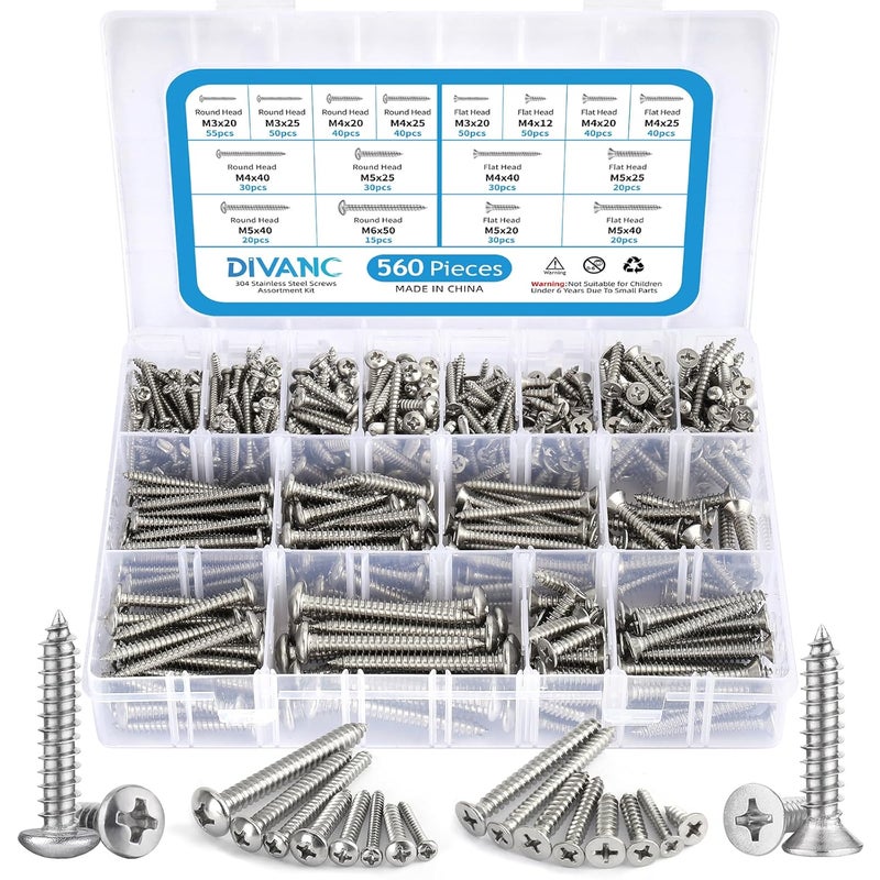 DIVANC 560Pcs 304 Stainless Steel Self Tapping Screws Assortment Set, M3/M4/M5/M6 Flat Head & Round Head Self Tapping Screws Assortment Set, Phillips Drive Wood Screw Assortment Kit (Silver) - Image 1