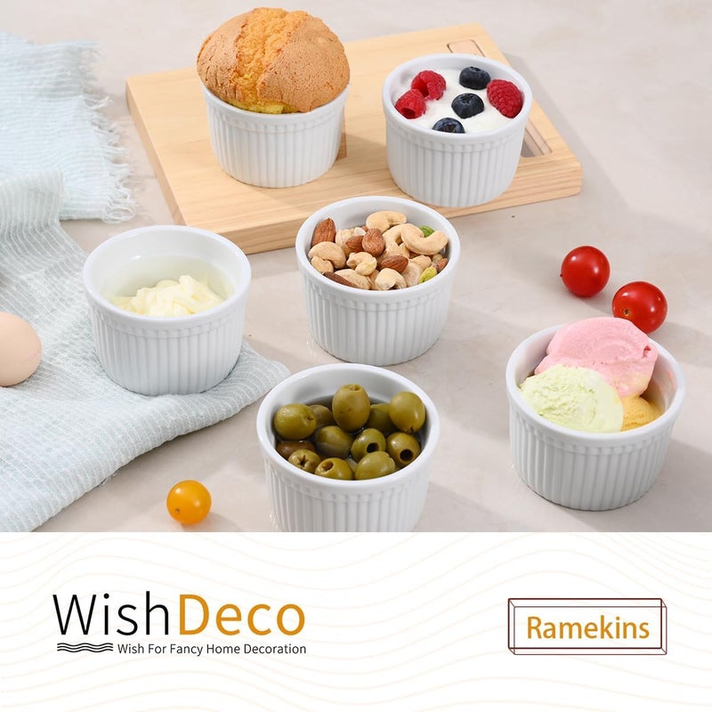 WishDeco Ramekins Set of 6, Ceramic Creme Brulee Ramekins 7 oz / 200 ml, White Dipping Sauce Dishes, Ramekin Bowls for Baking, Souffle, Custard Pudding, Cake, Oven Safe - Image 2