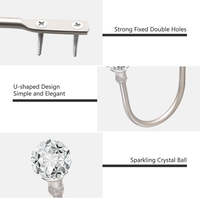KOLAKO Curtain Drapery Holdbacks, Curtain Tieback Hooks with Crystal Ball, U Shaped Curtain Holders Wall Mounted Curtain Holdbacks, Heavy Duty Window Treatment Holdbacks for Home - Image 3