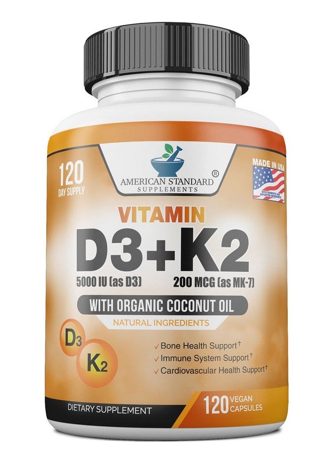 American Standard Supplements - Vitamin D3 K2 (Mk7) Vitamin D3 (5000Iu) + K2 (Mk7) 200Mcg W/ Organic Coconut Oil Vitamin D3 + K2 Vitamin D3 + K2 Vitamin K2 D3 Immune & Bone Health No Fillers Made In Usa 120 Veggie Capsule - Image 1