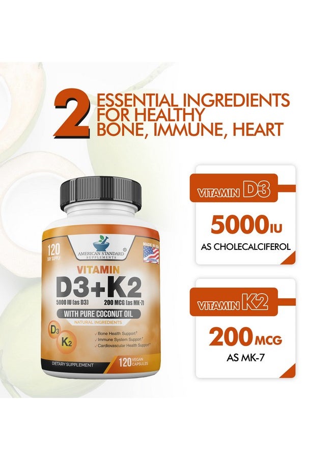 American Standard Supplements - Vitamin D3 K2 (Mk7) Vitamin D3 (5000Iu) + K2 (Mk7) 200Mcg W/ Organic Coconut Oil Vitamin D3 + K2 Vitamin D3 + K2 Vitamin K2 D3 Immune & Bone Health No Fillers Made In Usa 120 Veggie Capsule - Image 1