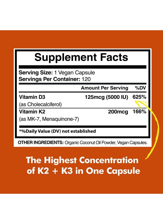American Standard Supplements - Vitamin D3 K2 (Mk7) Vitamin D3 (5000Iu) + K2 (Mk7) 200Mcg W/ Organic Coconut Oil Vitamin D3 + K2 Vitamin D3 + K2 Vitamin K2 D3 Immune & Bone Health No Fillers Made In Usa 120 Veggie Capsule - Image 1