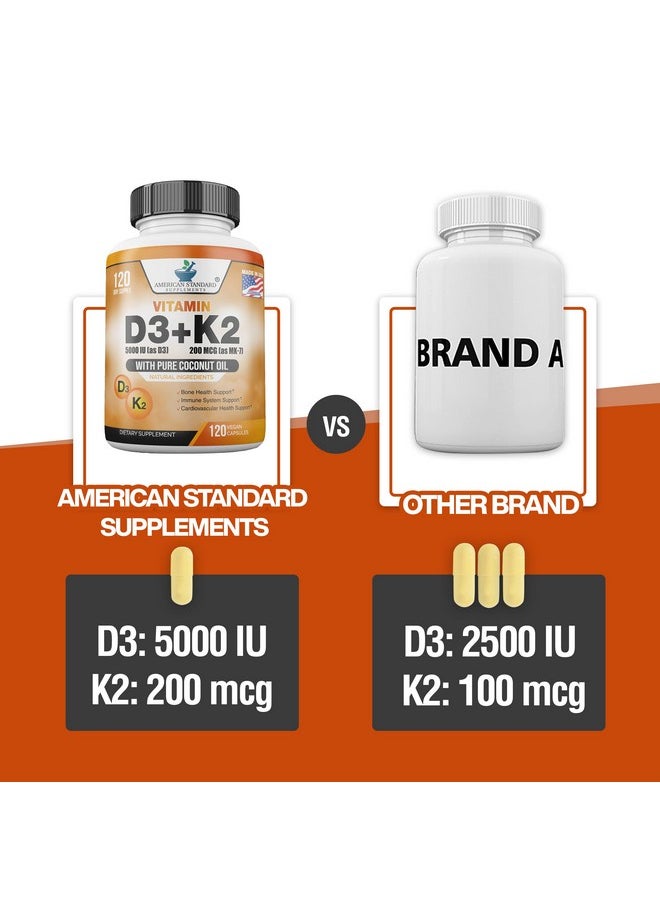American Standard Supplements - Vitamin D3 K2 (Mk7) Vitamin D3 (5000Iu) + K2 (Mk7) 200Mcg W/ Organic Coconut Oil Vitamin D3 + K2 Vitamin D3 + K2 Vitamin K2 D3 Immune & Bone Health No Fillers Made In Usa 120 Veggie Capsule - Image 1