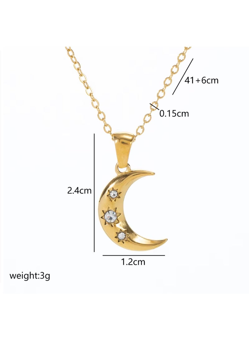 Women’s Gold‑Plated Moon Necklace with Three Zircon Stones - Image 3