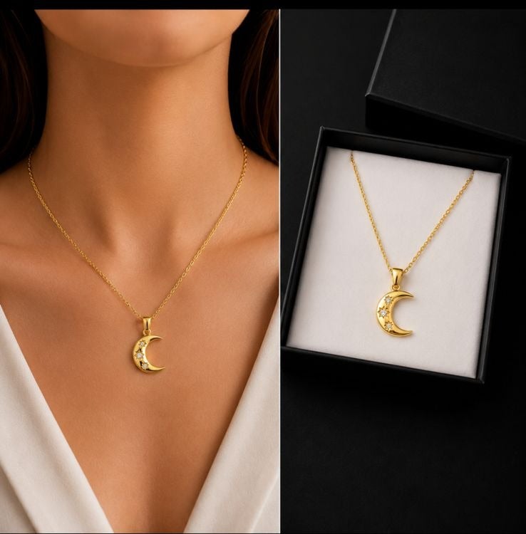 Women’s Gold‑Plated Moon Necklace with Three Zircon Stones - Image 4