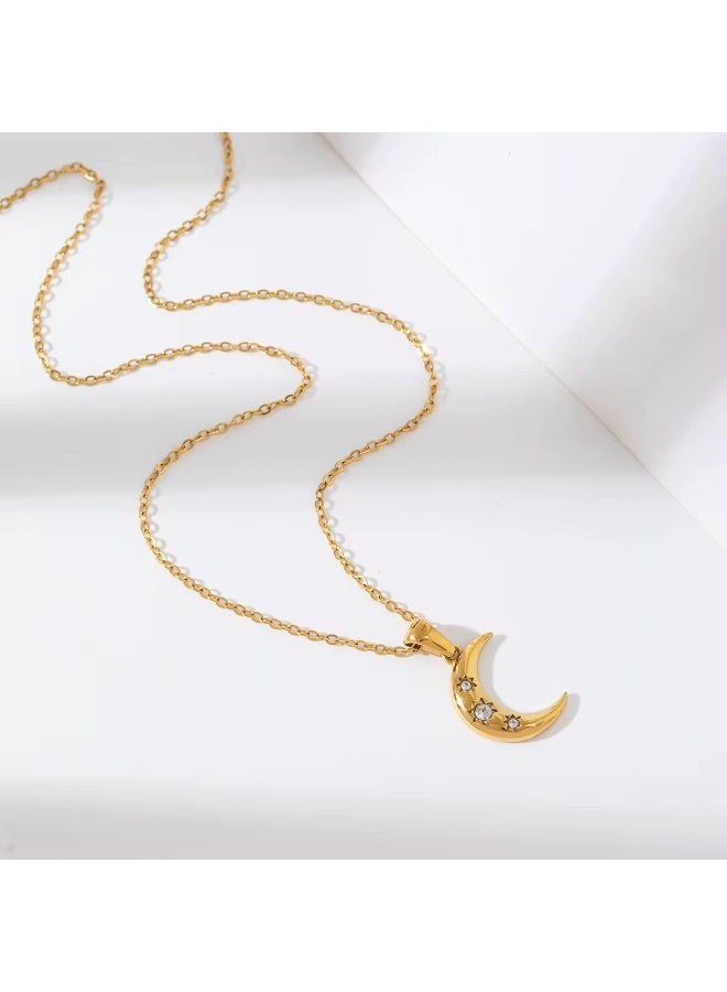 Women’s Gold‑Plated Moon Necklace with Three Zircon Stones - Image 1