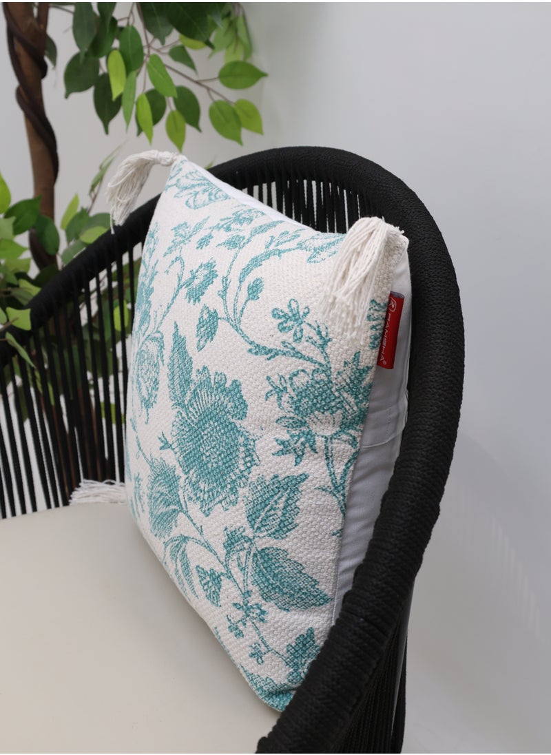 Ramsha - Blue and White Color Printed Home Decor Tassel Cushion with insert for bedroom– CS 317 - Image 1