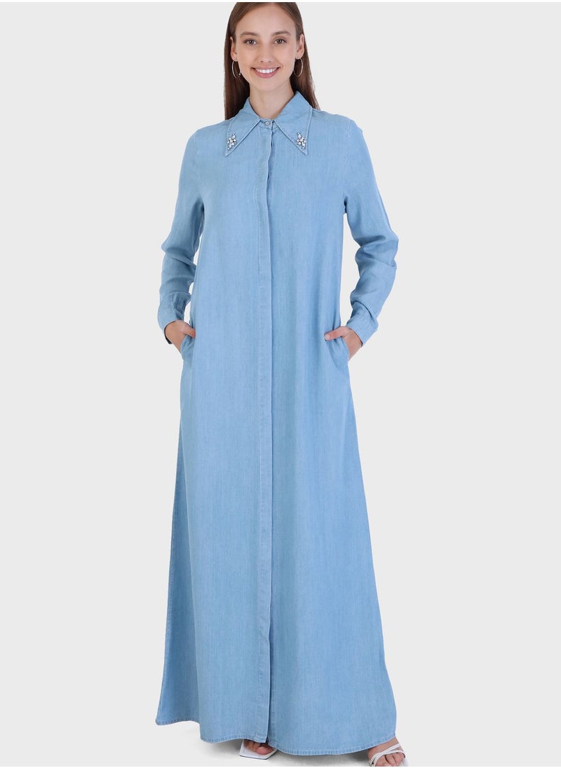 Modanisa - Pocket Detail Denim Abaya - Image 1