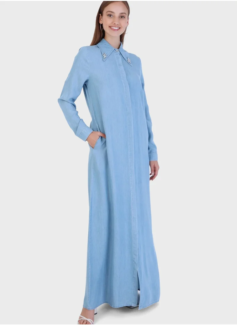 Modanisa Pocket Detail Denim Abaya
