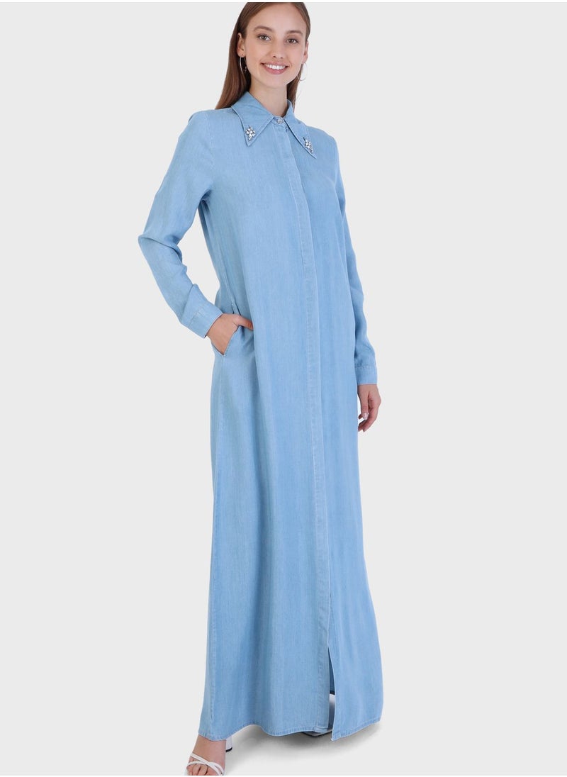Modanisa - Pocket Detail Denim Abaya - Image 1