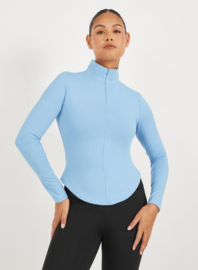 ستايلي بلوزة بأكمام طويلة وسحاب نصفي وحافة منحنية - Image 1