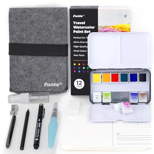Funto Travel Watercolor Set, 12-Color Paint, 10 Premium Postcards, Brush, Brush Pen, Fineliner, Pencil, Painting Set for Adults, Beginner, and Artists - Image 1