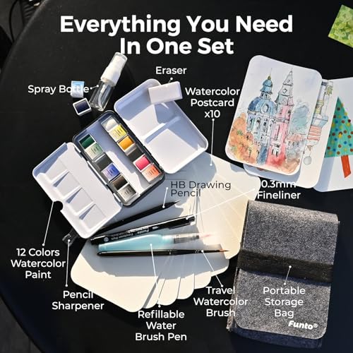Funto Travel Watercolor Set, 12-Color Paint, 10 Premium Postcards, Brush, Brush Pen, Fineliner, Pencil, Painting Set for Adults, Beginner, and Artists - Image 2