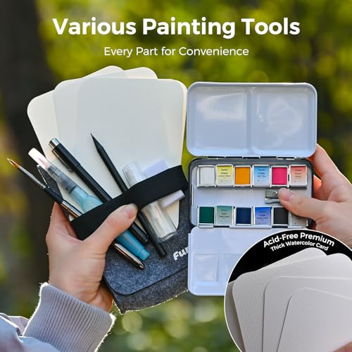 Funto Travel Watercolor Set, 12-Color Paint, 10 Premium Postcards, Brush, Brush Pen, Fineliner, Pencil, Painting Set for Adults, Beginner, and Artists - Image 4