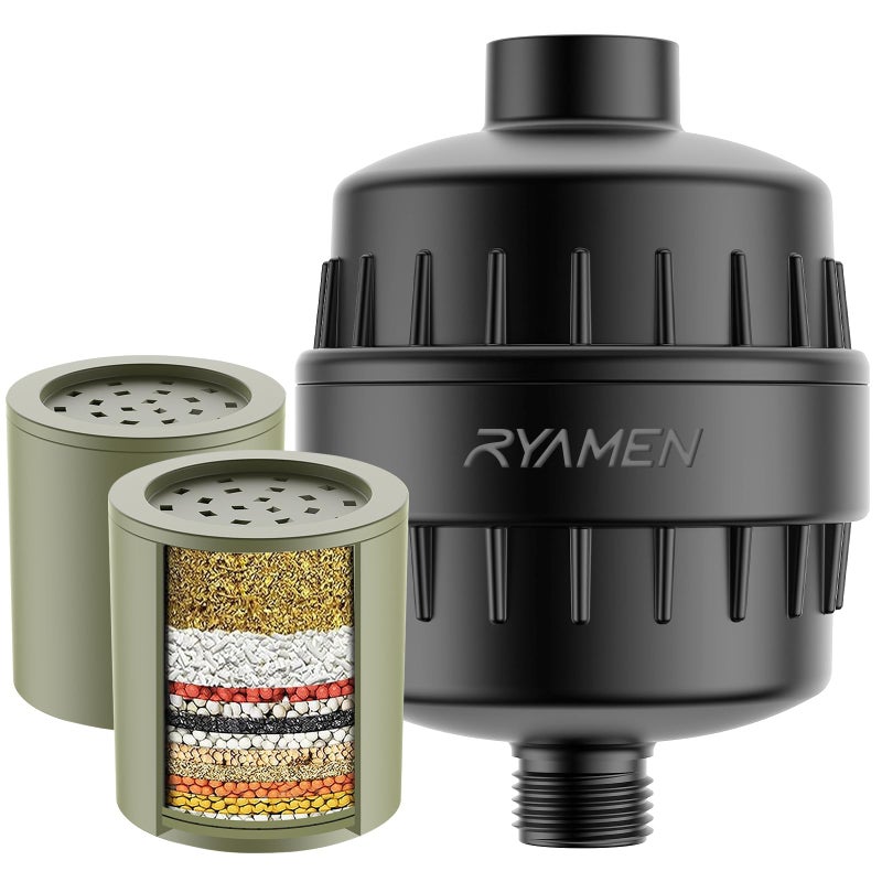 Ryamen Heavy Duty Shower Filter, Shower Water Filter, 99% REMOVAL Shower Head Filter for Hard Water, Heavy Metals, Chlorine (2 Cartridges, Black) - Image 1