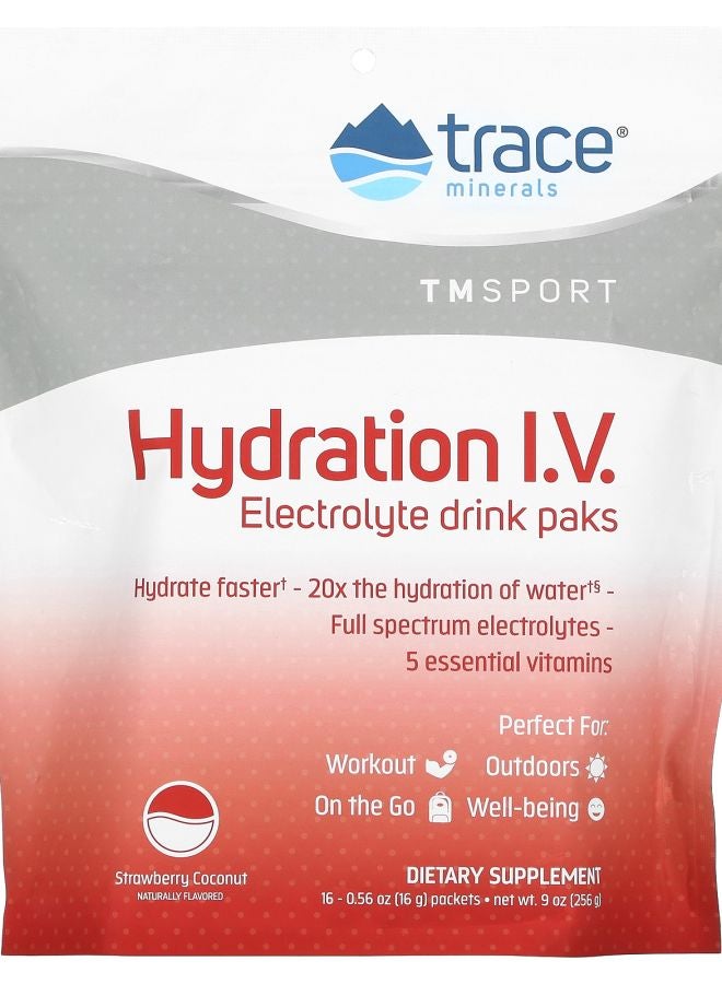 Trace Minerals TM سبورت هيدراشن I.V. مشروبات الإلكتروليت بنكهة الفراولة وجوز الهند 16 عبوة 0.56 أونصة (16 جرام) لكل منها