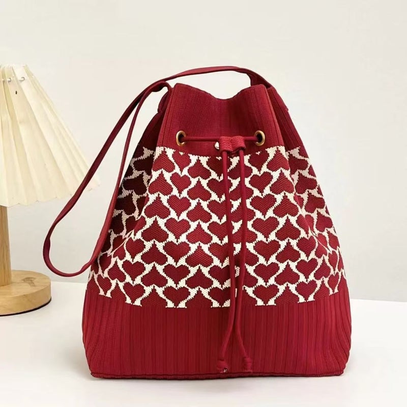 04 New Girly Drawstring Stripesd Knitted Satchel Shoulder Bag Versatile Fashion Stylish Rest Trendyy Bag Diagonal - Image 2