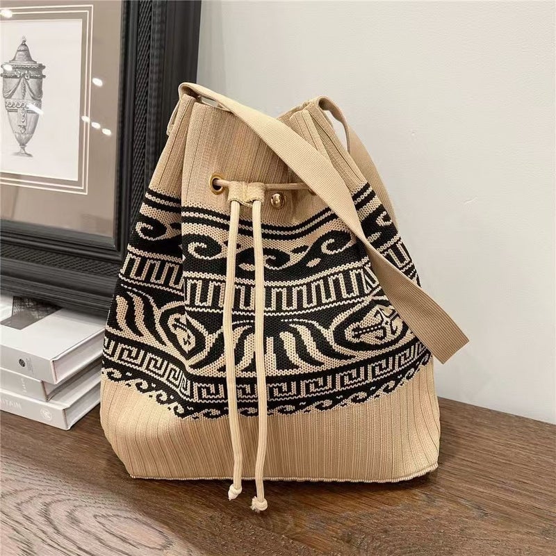 04 New Girly Drawstring Stripesd Knitted Satchel Shoulder Bag Versatile Fashion Stylish Rest Trendyy Bag Diagonal - Image 5
