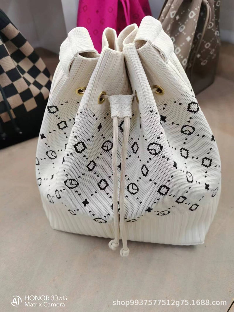 04 New Girly Drawstring Stripesd Knitted Satchel Shoulder Bag Versatile Fashion Stylish Rest Trendyy Bag Diagonal - Image 1