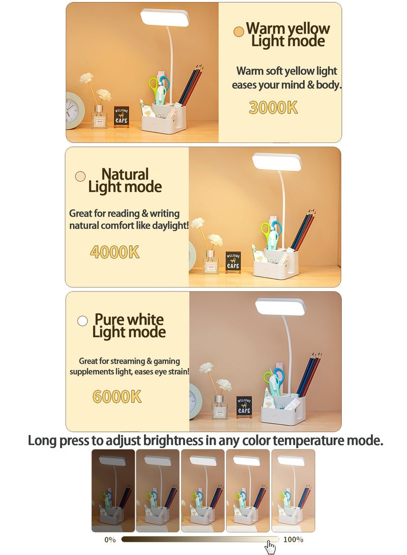 Table lamp,Rechargeable Desk Lamp with Pen Holder & Phone Stand, 16 LED Eye-Care Light, 3-Color Adjustable Brightness, No Blue Light & No Flicker, Gooseneck Study Lamp for Kids Teens, Home Office, Bedroom & College Dorm, Plug-in/USB Charging Dual Use - Image 4