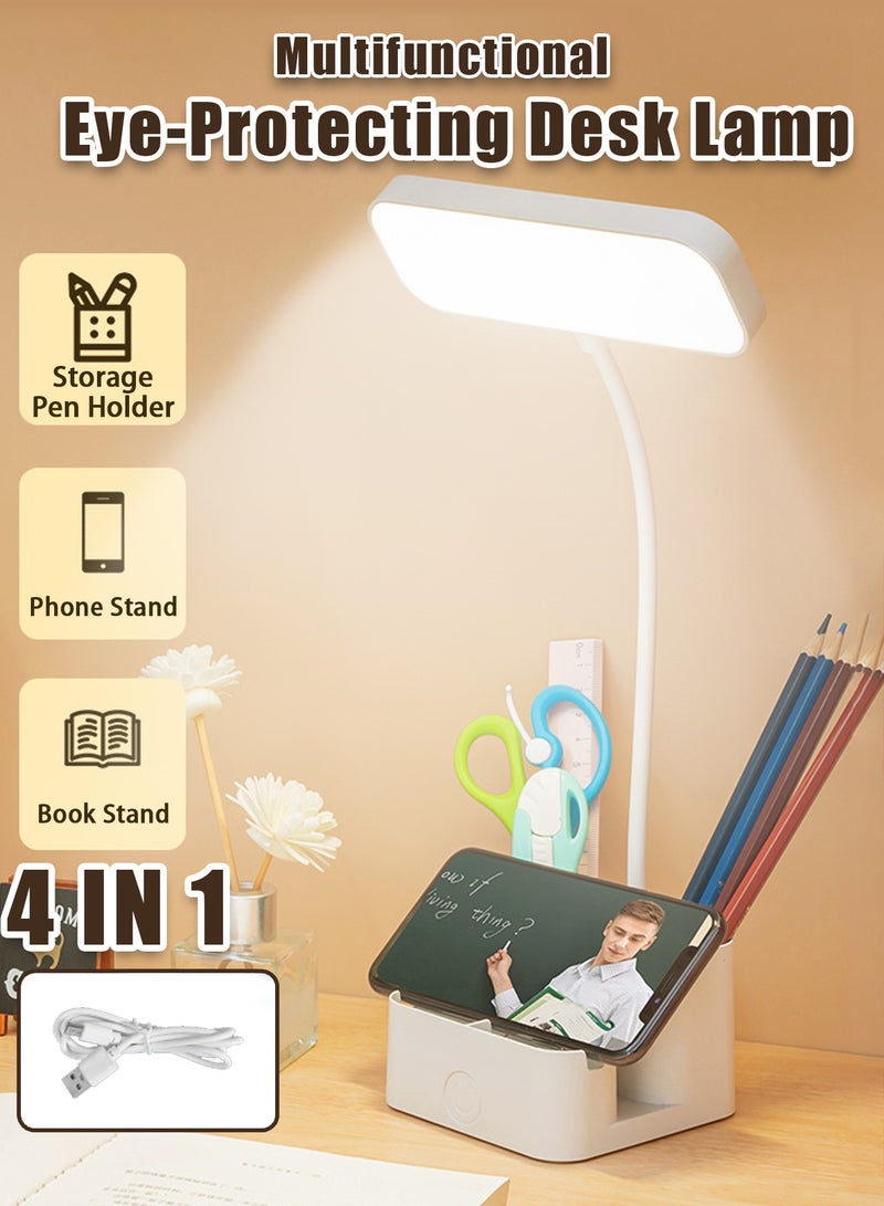 Table lamp,Rechargeable Desk Lamp with Pen Holder & Phone Stand, 16 LED Eye-Care Light, 3-Color Adjustable Brightness, No Blue Light & No Flicker, Gooseneck Study Lamp for Kids Teens, Home Office, Bedroom & College Dorm, Plug-in/USB Charging Dual Use - Image 1