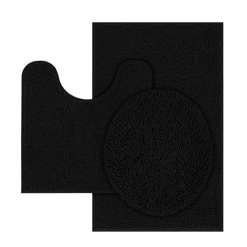 TREETONE Machine Washable Water Absorbent Bath Mat Bathroom Rugs Non Slip Soft Microfiber Mat Set of 3Medium 20 x 32ContourLid Cover Black