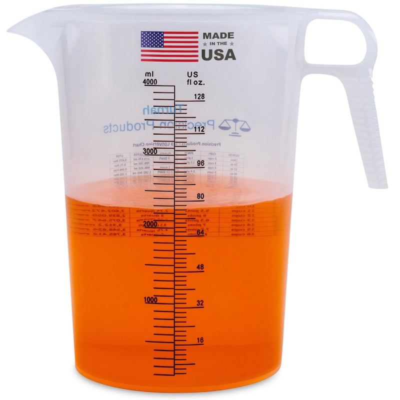 Turnah One Gallon 128oz Measure Pitcher - Convenient Conversion Chart - Strong Food Grade - Great for Lawn, Chemicals Pool, Ag, Lye, Home Hobbies, Motor Oil, Fluids - Turnah Precision Products, Made in USA - Image 1