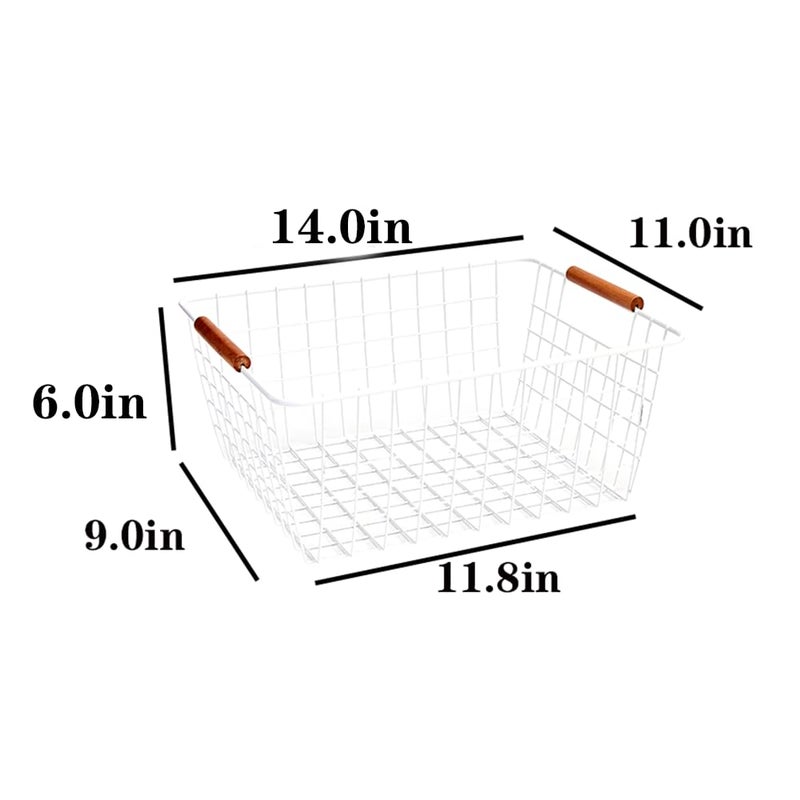 LeleCAT Large white wire baskets with Wooden Handles for storage pantry, Storage Organizer Baskets, Household Refrigerator for Cabinets, Closets, Bedrooms, kitchen - Set of 2ï¼ˆWhiteï¼‰ - Image 2