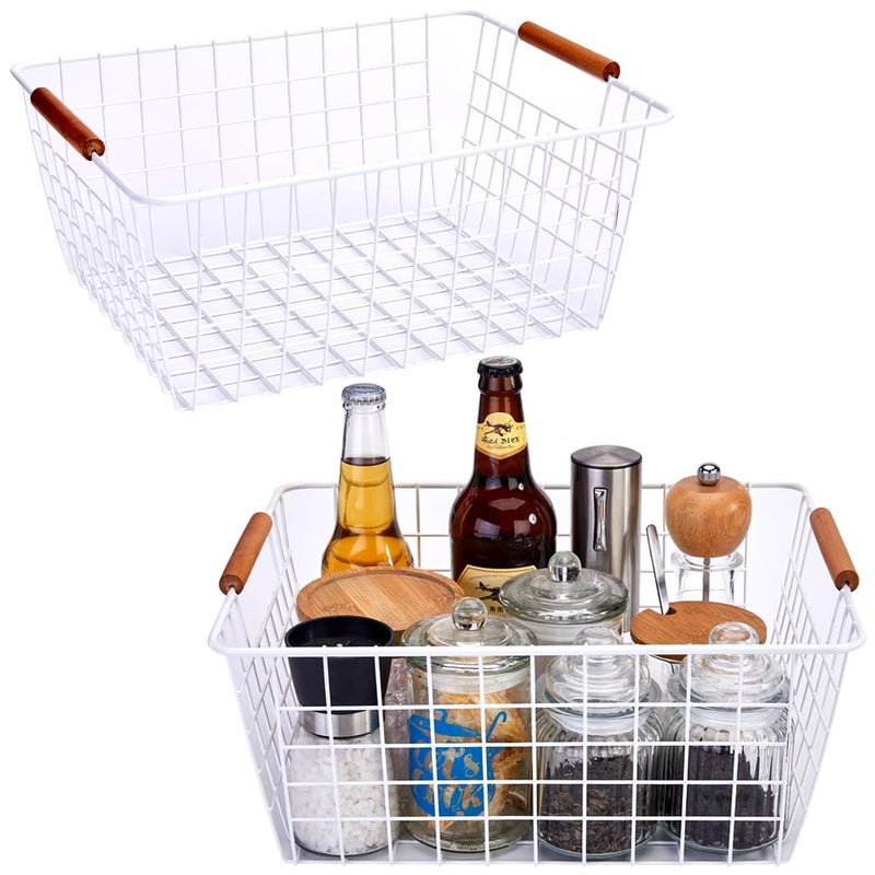 LeleCAT Large white wire baskets with Wooden Handles for storage pantry, Storage Organizer Baskets, Household Refrigerator for Cabinets, Closets, Bedrooms, kitchen - Set of 2ï¼ˆWhiteï¼‰ - Image 1