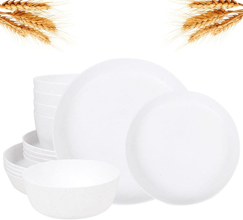 ejonirinjonir EI 12pcs White Wheat Straw PlatesWheat Straw Dinnerware SetPlates and Bowls SetsUnbreakable Plastic PlatePlastic Plates ReusableDinner Plates Set of 4Plastic Dishes Set - Image 1