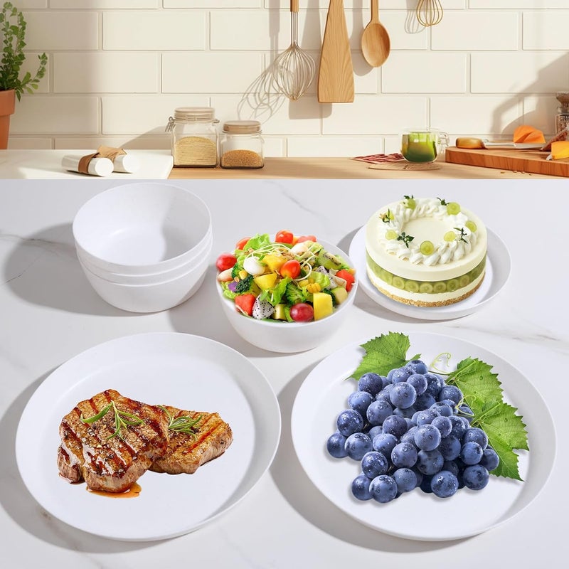 ejonirinjonir EI 12pcs White Wheat Straw PlatesWheat Straw Dinnerware SetPlates and Bowls SetsUnbreakable Plastic PlatePlastic Plates ReusableDinner Plates Set of 4Plastic Dishes Set - Image 4