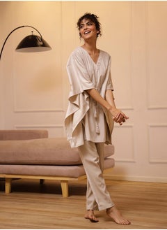 sanskrutihomes Velvet Look Drawstring Kaftan Top and Pyjama Set by Styli  - Image 3