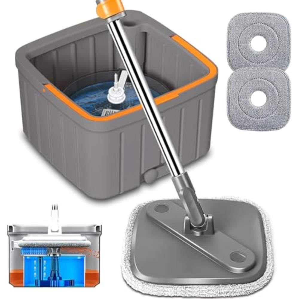 Spin Mop and Bucket Set with Self-Separating Dirty Clean Water System, 360 Rotating Square Mop Head, Detachable Reusable Mop Pad, Ideal for Hard Floors, Gray, Ergonomic Handle Easy Wringing