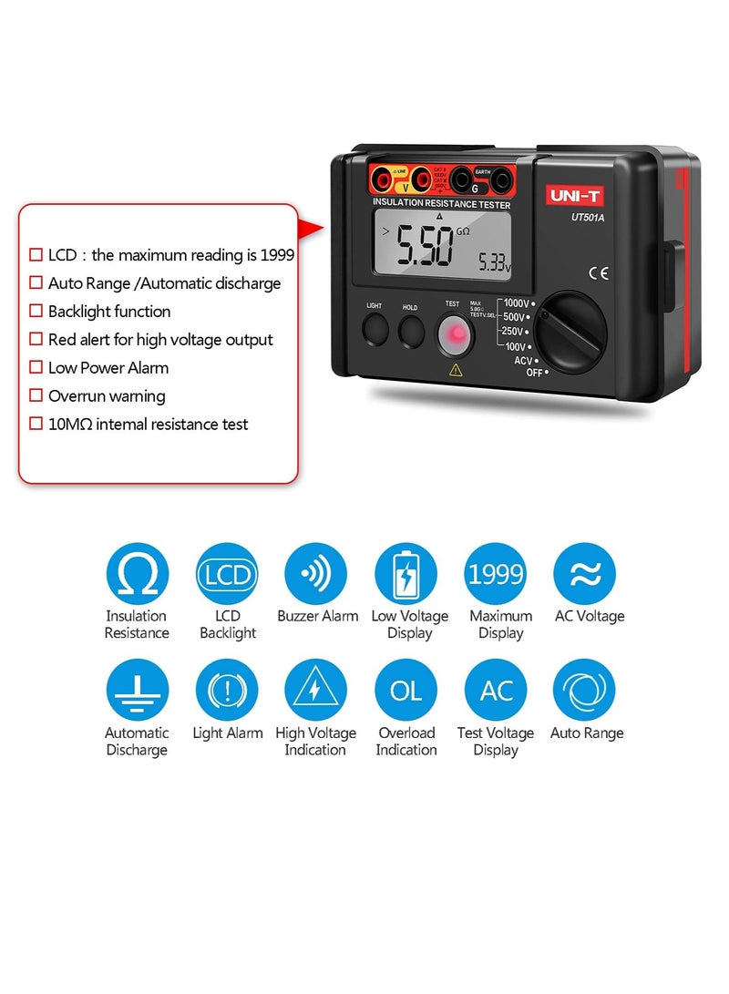 UNI-T UT501A 1000V Insulation Resistance Meter Ground Tester Megohmmeter Voltmeter w/LCD Backlight - Image 4